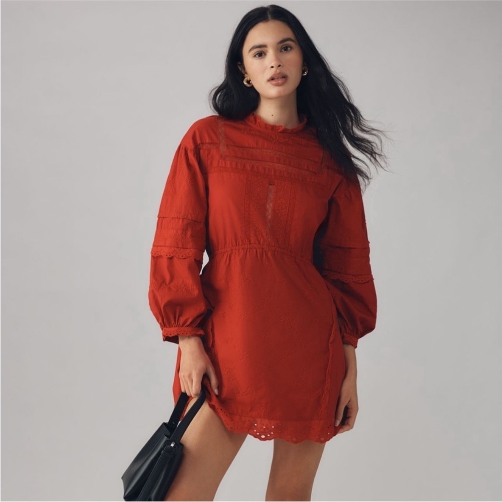 Anthropologie Damson Madder High Neck Lace Victorian Organic Cotton Dress Size 6